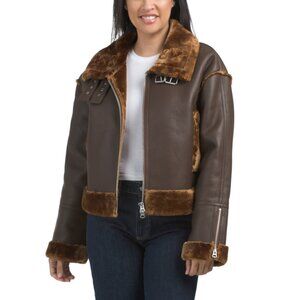HUDSON Brown Faux Leather Cropped Aviator Jacket With Faux Fur Trim